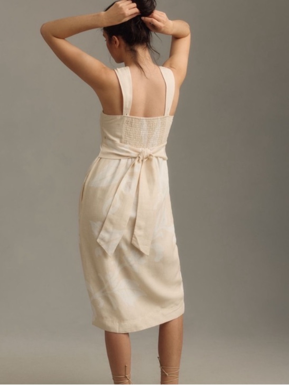 Anthropologie Pilcro Linen Blend Square Neck Smocked Back Midi Dress Medium Boho